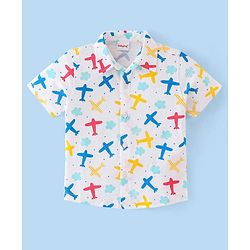 Babyhug 100% Cotton Knit Half Sleeves Shirt With Aeroplane Print - White