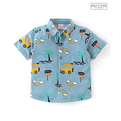 Babyhug 100% Cotton Knit Half Sleeves Regular Shirt with Car Print - Blue