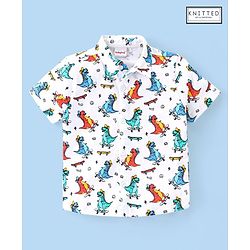 Babyhug 100% Knitted Collar Half Sleeves Shirt Dino Print- White