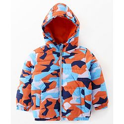 Babyhug Full Sleeves Hoodie With Camouflage Print - Orange & Blue