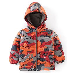 Babyhug Full Sleeves Hooded & Padded Jacket Camo Print- Orange Red & Grey