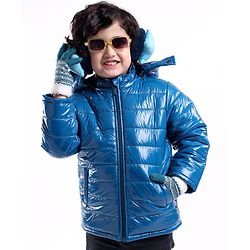 Babyhug Full Sleeves Solid Colour Padded Jacket with Detachable Hood - Blue