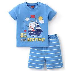 Babyhug Cotton Half Sleeves Night Suit Stripes & Bear Print- Blue