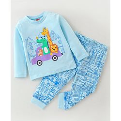 Babyhug Cotton Knit Full Sleeves Animal Print Night Suit - Blue
