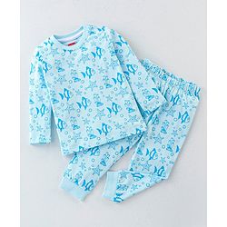 Babyhug Cotton Knit Full Sleeves Night Suit With Sea Life Print - Blue