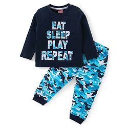 Babyhug Cotton Knit Full Sleeves Night Suit Text & Camo Print - Navy Blue