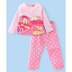 Babyhug Cotton Knit Full Sleeves Lollipop & Polka Dots Printed Night Suit - Pink