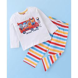 Babyhug Cotton Knit Full Sleeves Striped & Wild Animals Printed Night Suit - Multicolour