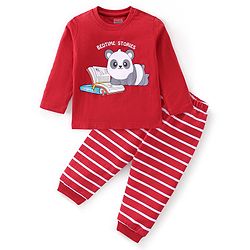 Babyhug Cotton Knit Full Sleeves Panda Printed Night Suit - Red