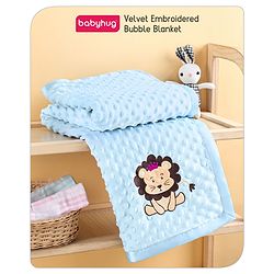 Babyhug Velvet Lion Embroidered Lightweingt Bubble Blanket - Blue