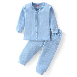 Babyhug Cotton Full Sleeves Front Open Thermal Vest And Leggings- Blue