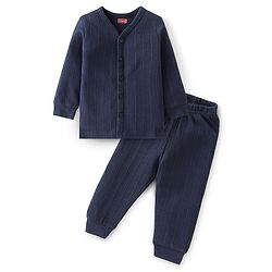 Babyhug Front Open Full Sleeves Solid Textured Thermal Vest & Pajama Set - Navy Blue