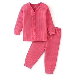 Babyhug Full Sleeves Solid Textured Thermal Vest & Pajama Set -Coral