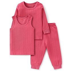 Babyhug Cotton Full Sleeves Solid Color Vest Pullover & Bottom Thermal Wear Combo Pack Of 3 - Coral