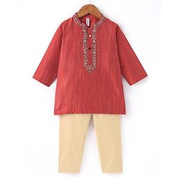 Babyhug Full Sleeves Solid Kurta Pyjama Set - Orange & Red