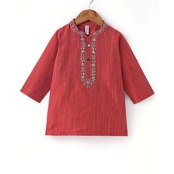 Babyhug Full Sleeves Solid Kurta Pyjama Set - Orange & Red