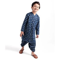 Babyhug 100% Cambric Full Printed Front Open Kurta With Dhoti Set- Indigo