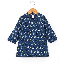Babyhug 100% Cambric Full Printed Front Open Kurta With Dhoti Set- Indigo