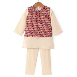 Babyhug Cotton Woven Full Sleeves Kurta & Pajama Set with Coat Chevron Print - Cream