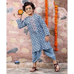 Babyhug 100% Cotton Full Sleeves Woven Floral Printed Kurta Dhoti Set - Blue
