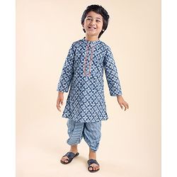 Babyhug 100% Cotton Full Sleeves Woven Floral Printed Kurta Dhoti Set - Blue