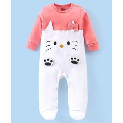 Babyhug Cotton Knit Full Sleeves Kitty Applique Footed Sleepsuit - White & Pink