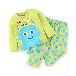 Babyhug Cotton Knit Full Sleeves Monster Printed Night Suit - Green