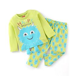 Babyhug Cotton Knit Full Sleeves Monster Printed Night Suit - Green