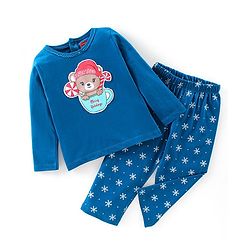 Babyhug Cotton Knit Full Sleeves Bear & Snowflakes Printed Night Suit - Blue
