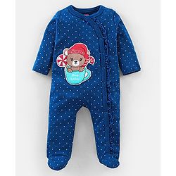 Babyhug Cotton Knit  Full Sleeves Sleepsuit Bear Printed - Blue