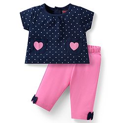 Babyhug Cotton Knit Half Sleeves Night Suit with Utility Pockets & Bow Applique Heart & Polka Dots Print - Blue & Pink