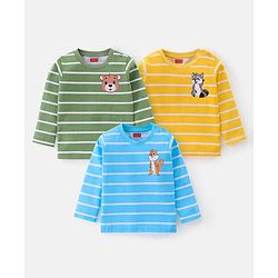 Babyhug Cotton Knit Full Sleeves T-Shirt With Wild Animal Graphics Pack Of 3 - Green Yellow & Blue