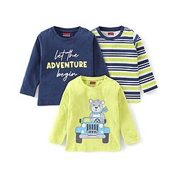 Babyhug Cotton Full Sleeves Tee With Stripes & Bear Graphics Pack Of 3- Green & Blue