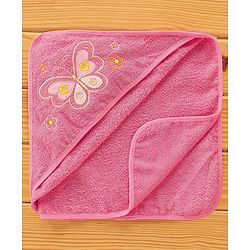 Babyhug Butterfly Embroidery Terry Hooded Bath Towel - Pink
