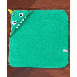 Babyhug Cotton Woven Hooded Towel Shark Embroidery L 76.2 x B 76.2 cm - Green