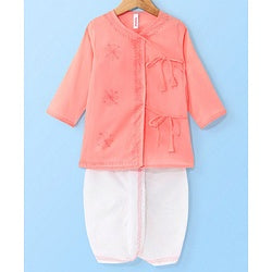 Babyhug 100% Cotton Angarakha Embroidered Full Sleeves Kurta & Dhoti Set- Pink