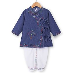 Babyhug 100% Cotton Woven Full Sleeves Angarakha Embroidered Kurta & Dhoti Set - Navy Blue