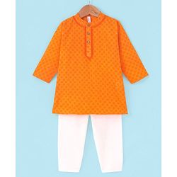 Babyhug Full Sleeves Cotton Dobby Kurta Pyjama Set - Orange