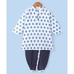 Babyhug 100% Cotton Woven Full Sleeves Kurta With Dhoti Floral Print - Navy Blue & White