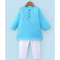 Babyhug 100% Cotton Woven Full Sleeves Dobby Kurta Pyjama Set - Sky Blue