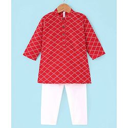 Babyhug Full Sleeves 100%  Cotton Printed Kurta Pyjama Set - Red
