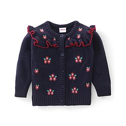 Babyhug Knit Full Sleeves Sweater With Floral Embroidery - Navy Blue