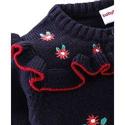 Babyhug Knit Full Sleeves Sweater With Floral Embroidery - Navy Blue