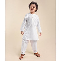Babyhug 100% Cotton Woven Full Sleeves Kurta Pyjama Set Schiffli Embroidery - White