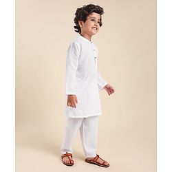 Babyhug 100% Cotton Woven Full Sleeves Kurta Pyjama Set Schiffli Embroidery - White