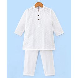 Babyhug 100% Cotton Woven Full Sleeves Kurta Pyjama Set Schiffli Embroidery - White