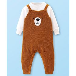 Babyhug Knitted Winter Wear Dungaree Style Romper Teddy Applique - Brown & White