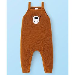 Babyhug Knitted Winter Wear Dungaree Style Romper Teddy Applique - Brown & White