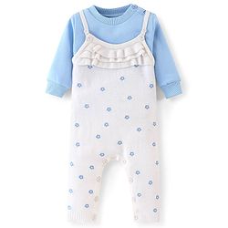 Babyhug Knitted Winter Wear Dungaree Style Romper Floral Embroidery - Blue & White