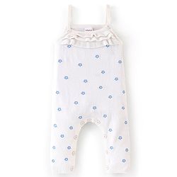 Babyhug Knitted Winter Wear Dungaree Style Romper Floral Embroidery - Blue & White
